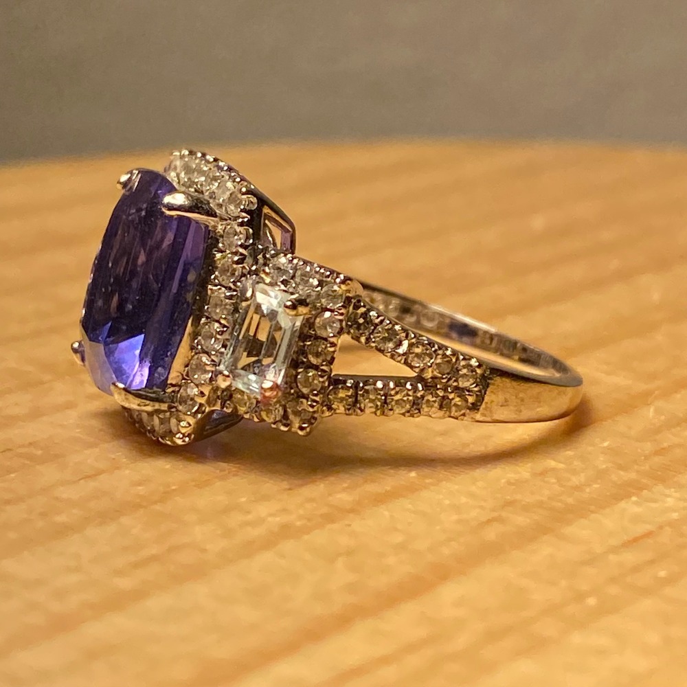 Blue Cushion Fluorite & Blue Topaz Ring Womens Sz 8 925 Silver Halo Art Deco New - Picture 3 of 5